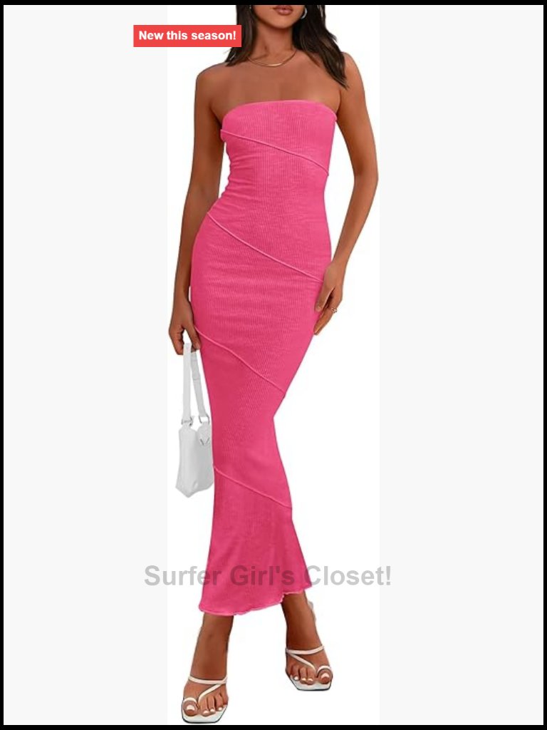 Women's Ribbed Maxi Bodycon Dress Strapless Tube Y2k Party Club Long Dresses